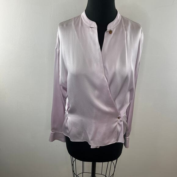 VINCE Satin Wrap Blouse Top Pink Mandarin Collar Long Sleeve Button Cuffs Size ? - Picture 2 of 9
